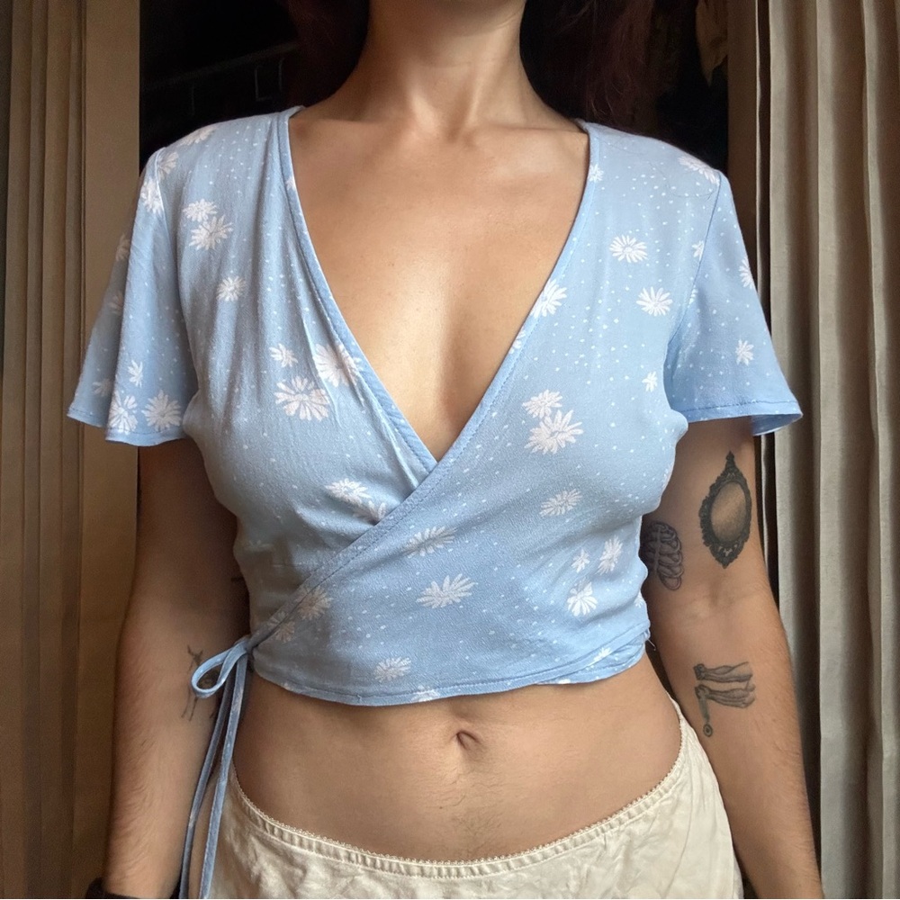 La Hearts Blue Wrap Crop Blouse with Cap Sleeves
